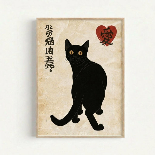 Black cat silhouette sitting upright with bright yellow eyes on aged cream paper background, featuring vertical Japanese kanji characters on the left side and a red heart symbol with black kanji in the upper right corner, displayed in a light wood frame against a white wall