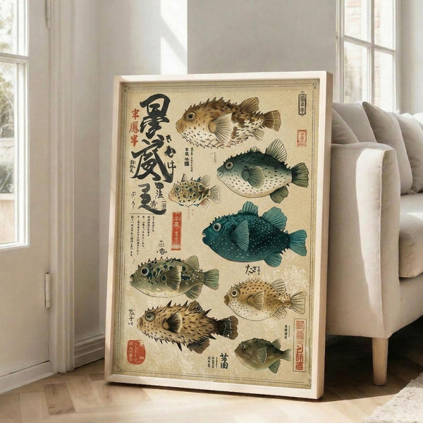 May include: Framed vintage-style Japanese scientific illustration featuring eight detailed pufferfish specimens in various colors including brown, teal, and green on aged beige background with Japanese calligraphy and red stamps, displayed in light wooden frame leaning against white wall next to beige upholstered chair in bright room with large windows