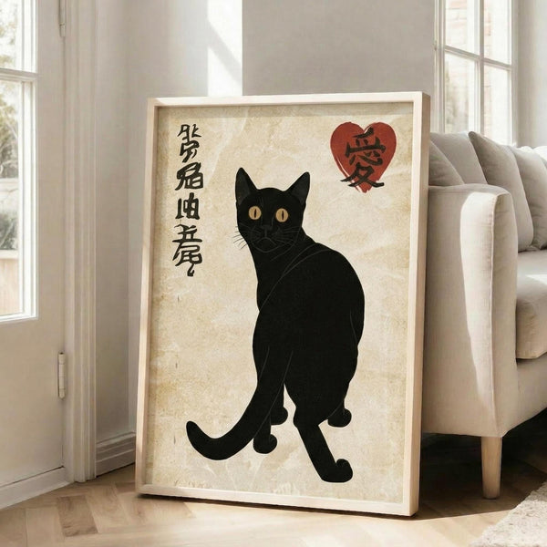 May include: Framed poster featuring a black cat silhouette with golden eyes sitting upright against a cream textured background, with black Japanese kanji characters on the left side and a red heart symbol containing a kanji character on the upper right. The artwork is displayed in a light wooden frame leaning against a white wall next to a beige upholstered chair in a bright, minimalist living room with large windows.