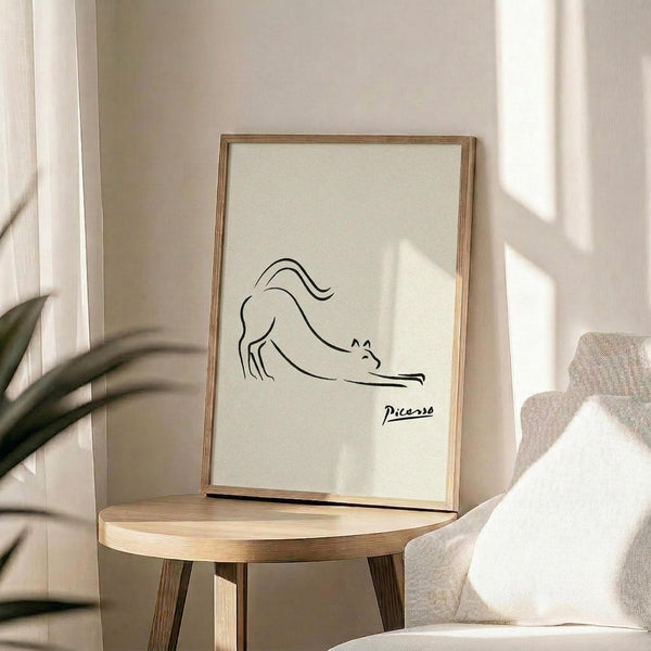 May include: Minimalist line drawing of a stretching cat in black ink on cream paper, signed "Picasso" below. Artwork displayed in thin wooden frame on round wooden side table next to beige upholstered chair. Soft natural lighting creates geometric shadows on neutral wall. Green plant leaves visible in corner of modern, warm-toned living space.
