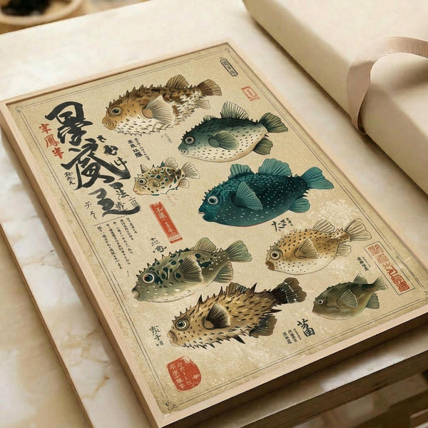 May include: Vintage-style Japanese scientific illustration poster showing seven different pufferfish species in various colors including teal, brown, and yellow-green. The educational chart features detailed fish drawings with Japanese text and red stamp seals on aged beige paper. Shown in a white matted frame laying on a light wooden surface next to rolled white paper, demonstrating the artwork's warm earth tones and traditional scientific diagram aesthetic.