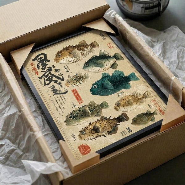 May include: Framed vintage-style educational chart displaying eight illustrated pufferfish in various colors including brown, green, and teal against cream background with Japanese text and red seals, shown in black frame nestled in cardboard shipping box with white tissue paper on wooden surface