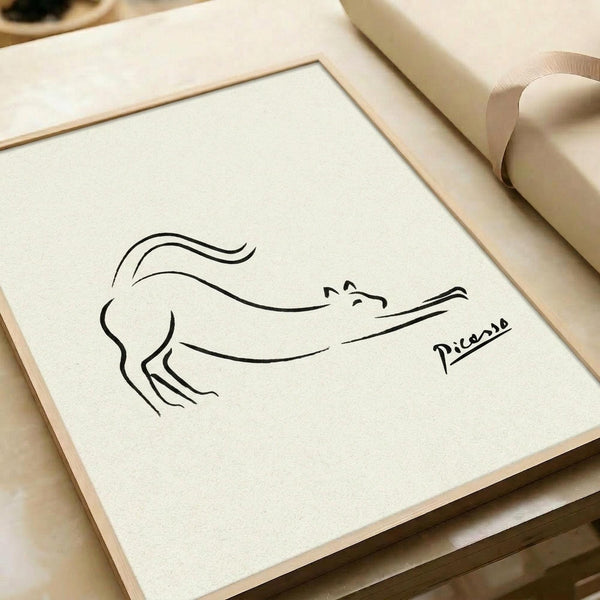 May include: Minimalist line drawing of a cat in black ink on cream paper, signed "Picasso" in the artist's style. The simple, flowing lines capture a feline figure with curved back and long tail. Artwork displayed in light wood frame with white mat, placed on neutral surface with beige ribbon nearby.