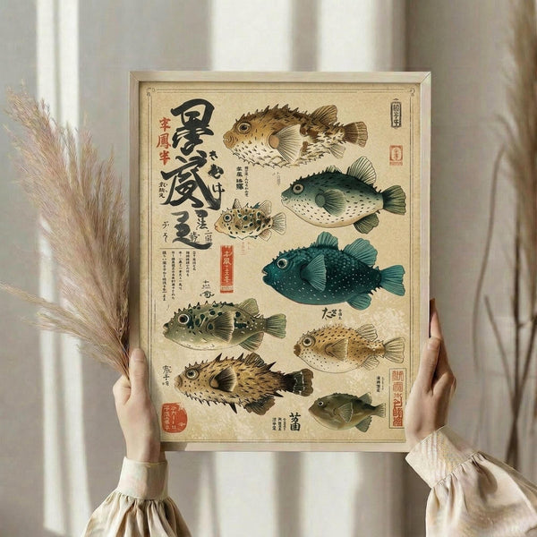 May include: Hands holding a framed vintage-style Japanese scientific illustration featuring eight colorful pufferfish specimens in browns, greens, and teals with Japanese text and red stamps. Person wears cream ruffled sleeves while holding dried pampas grass. Light wooden frame against soft neutral background with natural window lighting.
