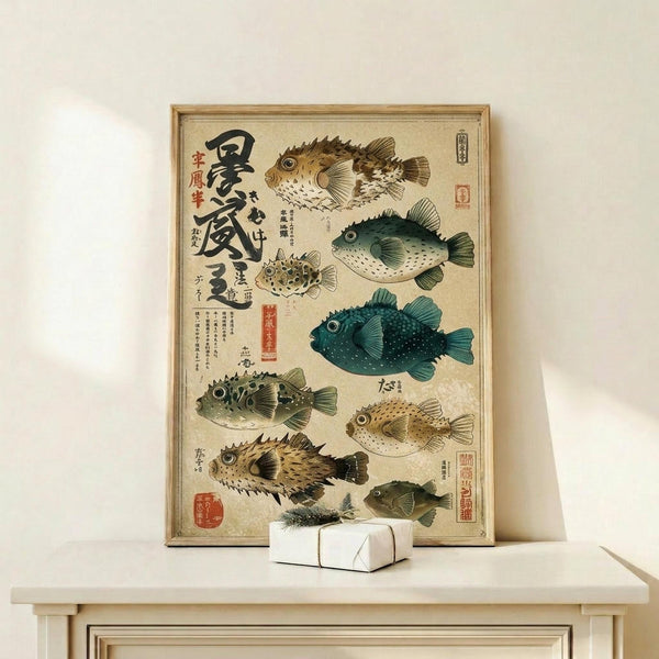 May include: Framed vintage-style Japanese scientific illustration featuring eight detailed pufferfish in various colors including brown, green, and teal, with traditional Japanese calligraphy and red stamps on aged beige paper, displayed on a light wood shelf beside a small white gift box with dark ribbon against a cream wall.