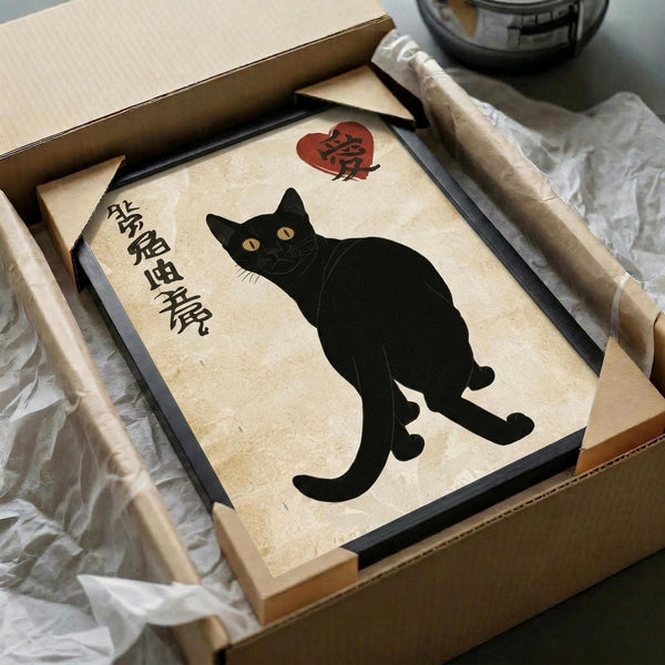 May include: Framed artwork featuring a black cat silhouette with golden eyes sitting against an aged cream background, accompanied by Japanese kanji characters on the left side and a red heart symbol with black text above. The piece is displayed in a black frame within an open cardboard shipping box surrounded by white tissue paper, with wooden dowels visible nearby.