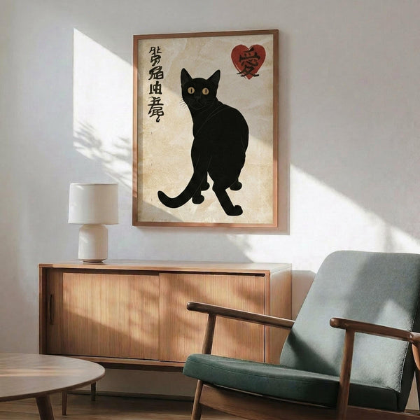 May include: Framed poster featuring a black cat silhouette with golden eyes on aged beige background, Japanese kanji characters on left side, red heart with Japanese character in upper right. Displayed above wooden sideboard with white ceramic lamp in modern living room setting with teal upholstered chair and round coffee table. Warm sunlight creates diagonal shadows on white wall.