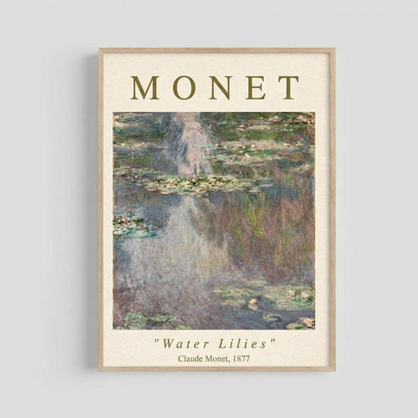 Framed art print featuring Claude Monet's impressionist water lily painting in soft blues, greens, and purples. The poster displays "MONET" at the top, shows the dreamy pond scene with floating lily pads and reflective water, and includes "Water Lilies" and "Claude Monet, 1877" text below. Light wood frame against white wall in clean, minimalist room setting.