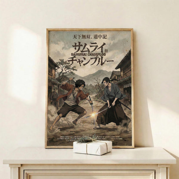 May include: Framed anime poster displayed on white shelf against cream wall, showing two samurai characters with swords in dynamic combat pose amid traditional Japanese village setting. Artwork features muted earth tones and detailed illustration style. Small white decorative box sits in front of wooden-framed print.