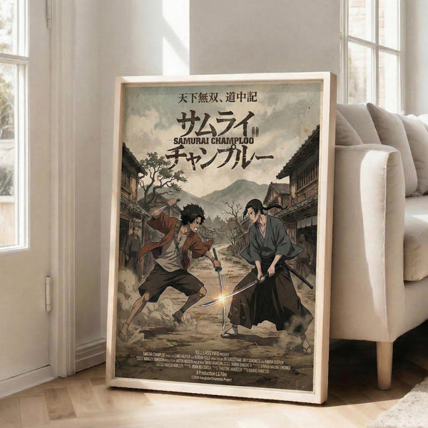 May include: Framed anime poster displayed in bright living room corner next to beige sectional sofa. Artwork shows two samurai warriors with swords clashing in traditional Japanese village street, creating sparks between blades. Muted earth tones and vintage illustration style with Japanese text at top. Natural wood frame leans against white wall near large windows with sunlight streaming in.