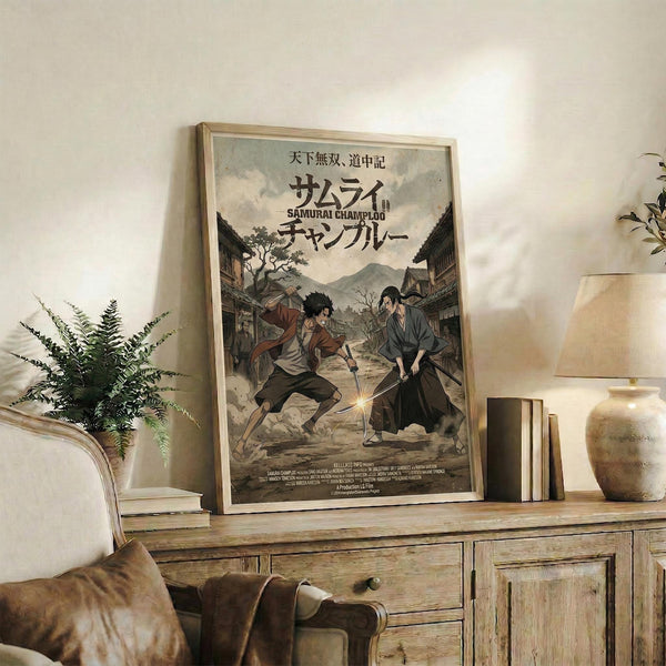 May include: Framed anime poster displayed on rustic wooden sideboard in cozy living room setting. Poster shows two samurai characters dueling with swords in traditional Japanese village scene, featuring muted earth tones and vintage-style artwork. Scene includes white armchair, potted fern, ceramic vases, stacked books, and warm ambient lighting on cream walls.