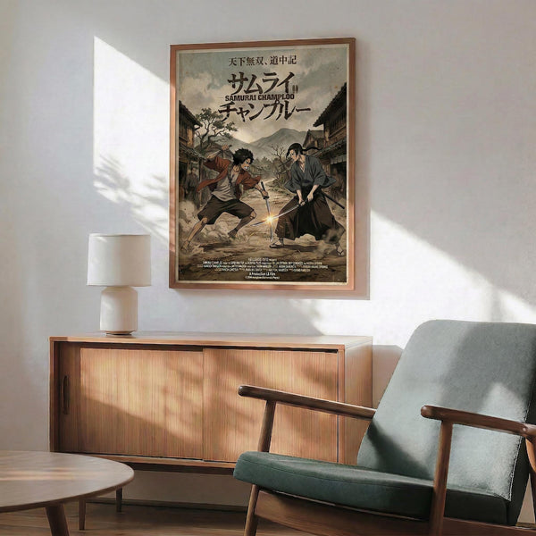 May include: Framed anime poster showing two sword-fighting characters in traditional Japanese village setting, displayed above wooden sideboard with white ceramic lamp in modern living room. Mid-century green upholstered chair with wooden arms sits nearby. Natural sunlight creates geometric shadows on white wall. Poster features muted earth tones and vintage film poster styling.