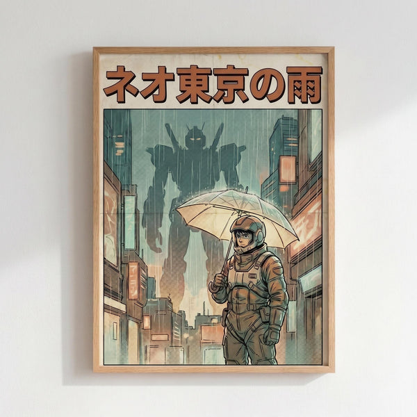 May include: Framed poster print mounted on white wall showing anime-style illustration of figure in brown space suit holding umbrella in rainy futuristic city street. Giant mecha robot silhouette looms in green-tinted background between tall buildings. Japanese text at top in orange letters. Natural wood frame, muted green and brown color palette with cyberpunk aesthetic.