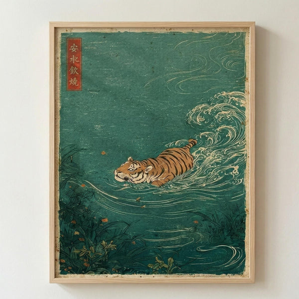 May include: Framed vintage-style Japanese woodblock print featuring an orange and black striped tiger swimming through turquoise-green churning waves. Red text cartouche in upper left corner contains Japanese characters. Print shows weathered, aged texture with visible wear marks. Natural wood frame hangs on plain white wall. Traditional ukiyo-e art style with flowing water patterns and small vegetation details in corners.