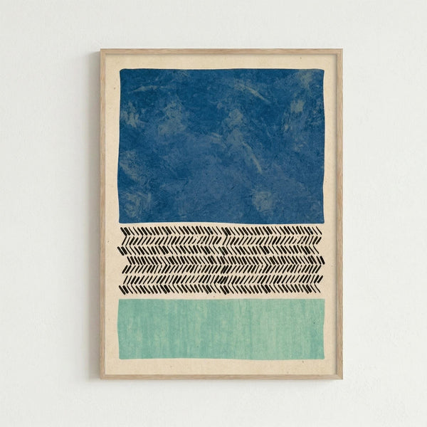 May include: Framed abstract art print hanging on white wall featuring three horizontal sections - textured blue watercolor wash at top, black hand-drawn herringbone pattern in middle, and soft sage green watercolor block at bottom, all on cream paper in light wood frame