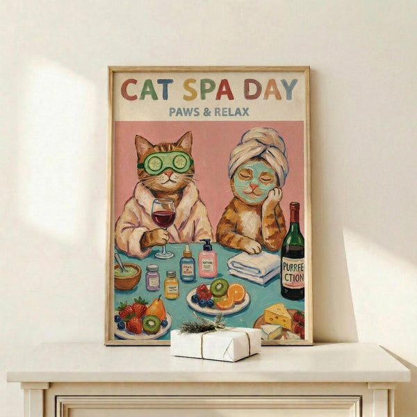 May include: Framed poster displayed on light wood console showing two cats at spa day - one wearing cucumber eye mask holding wine glass, other with towel wrap and face mask. Colorful illustration features spa items, fruits, and wine bottle labeled "Purrrfection" on turquoise table. Small white gift box sits in front of natural wood frame against white wall.