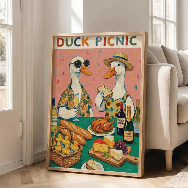 May include: Framed poster print leaning against white wall in bright living room with beige sofa. Artwork shows two anthropomorphic white ducks having a picnic - one wearing sunglasses and pineapple shirt holding champagne, another in straw hat and floral shirt eating sandwich. Pink background with confetti. Green picnic blanket displays bread, cheese board with grapes, wine bottles labeled "Quack Attack" and "Pond Prosecco", basket of rubber duckies, and roasted chicken. Colorful lette