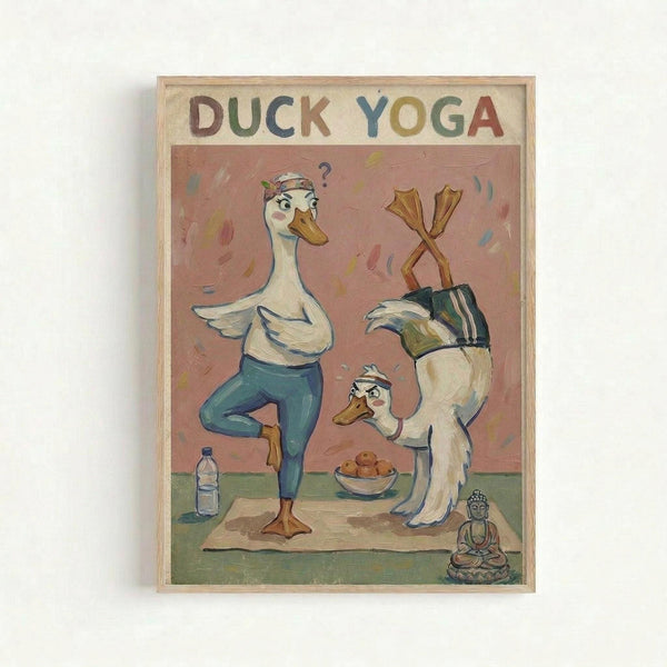 Framed poster artwork showing two cartoon ducks practicing yoga poses on a mat. One duck wears blue leggings and balances on one webbed foot with wings spread, while the other duck is upside down in a headstand position. Both ducks wear headbands and have question marks above their heads. The scene includes a water bottle, bowl of snacks, and small Buddha statue. The title "DUCK YOGA" appears at the top in colorful letters against a cream background, with the main illustration set against a peac