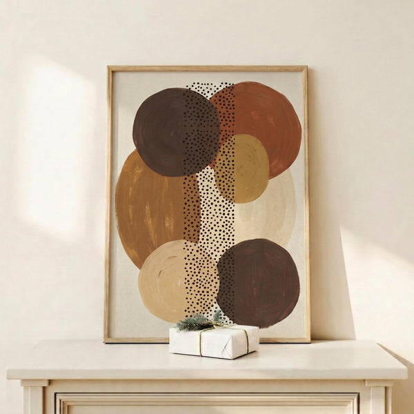 May include: Abstract art print in light wood frame featuring overlapping circles in earthy tones of brown, rust, tan and cream with dotted pattern running vertically through center. Artwork displayed on white wooden surface beside small wrapped gift with greenery. Soft natural lighting creates gentle shadows on cream colored wall background.