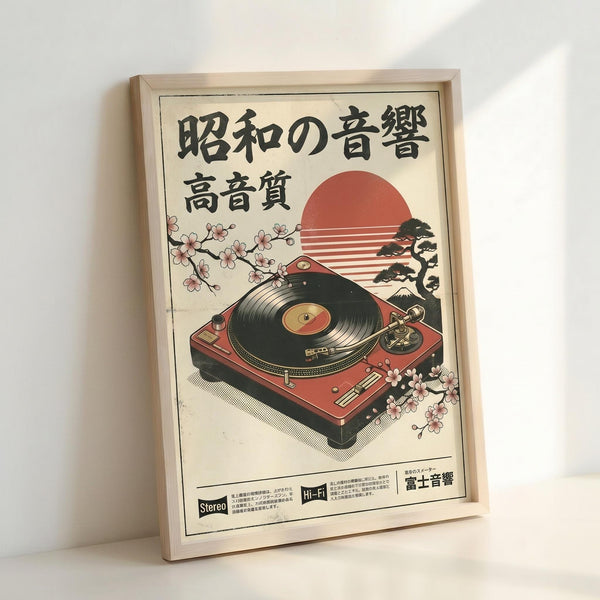May include: Framed vintage-style Japanese poster featuring red turntable with vinyl record, pink cherry blossoms, setting sun, and bonsai tree silhouette. Cream background with black Japanese text, weathered appearance. Light wood frame leaning against white wall with soft shadows.