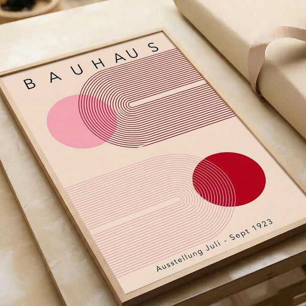 May include: Vintage-style Bauhaus exhibition poster print in wooden frame, featuring geometric design with pink and red circles intersected by curved parallel lines on cream background. Text reads "BAUHAUS" and "Ausstellung Juli - Sept 1923". Frame rests against white fabric with neutral tape roll nearby, showing warm natural lighting and minimalist styling.
