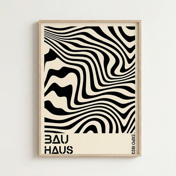 May include: Framed poster with black and white wavy distorted lines creating an optical illusion pattern on cream background, displayed on white wall. Light wood frame surrounds the geometric abstract design with "BAUHAUS" text at bottom left and "EXPO 1923" vertically aligned on right edge.
