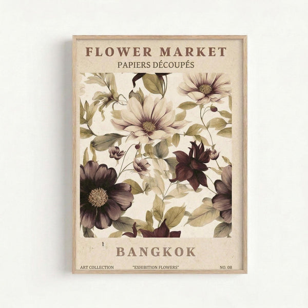 May include: Framed botanical art print with vintage cream background featuring purple and burgundy flowers with green leaves in watercolor style. Light wood frame mounted on white wall. Print shows "Flower Market" and "Bangkok" text with decorative floral arrangement in muted earth tones.