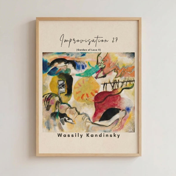 May include: Framed abstract art print in light wood frame hanging on white wall. Colorful expressionist painting with flowing organic shapes in vibrant yellows, reds, blues, and greens. Features swirling brushstrokes, curved forms, and dynamic movement typical of early modern art style. White matting surrounds the artwork with artist name printed below the image.