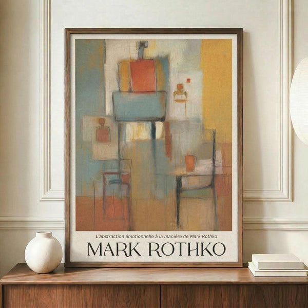 May include: Abstract painting poster in wooden frame displayed on walnut credenza beside white ceramic vase and books. Artwork features geometric shapes in muted orange, blue, coral and beige tones with soft, layered brushstrokes. Room has cream walls with white wainscoting and warm natural lighting.
