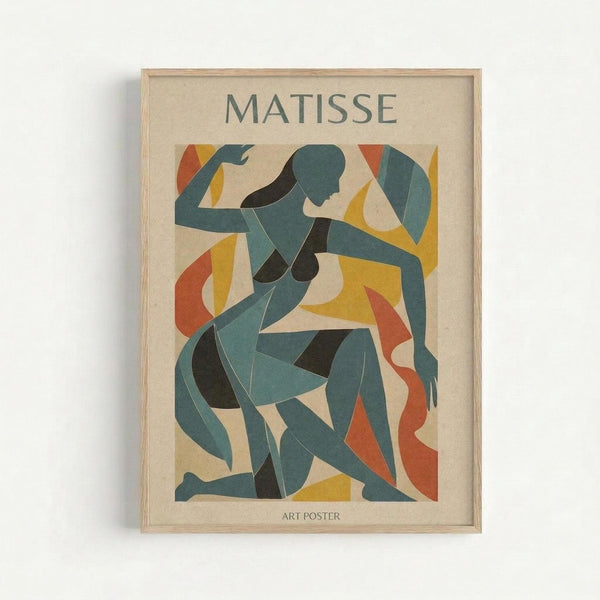 Framed art poster featuring an abstract figure in Matisse's cut-out style, with flowing blue and teal shapes forming a dancing human form against colorful geometric background of yellow, orange, and red. The word "MATISSE" appears at top, "ART POSTER" at bottom. Natural wood frame with beige matting, displayed against white wall.