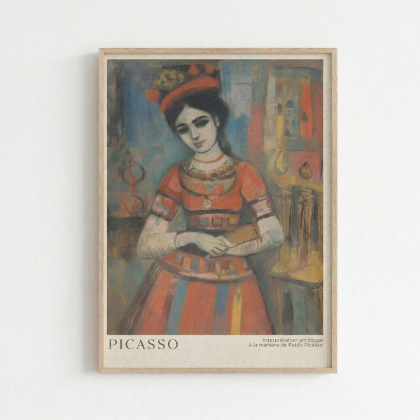 Framed art print featuring a woman in traditional folk costume with red and blue striped dress, ornate necklace, and decorative hat. The cubist-style painting uses muted colors including coral, blue, and yellow tones. The woman sits beside a wooden chair against an abstract background. Text at bottom reads "PICASSO" and "interpretation artistique à la manière de Pablo Picasso" in a white border below the artwork. Light wood frame mounted on white wall.