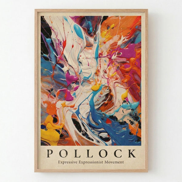 Abstract expressionist artwork featuring vibrant swirling paint in bold colors including orange, blue, purple, magenta, yellow, and white with dynamic flowing movements and splattered details. The energetic composition shows fluid paint strokes and drips characteristic of action painting style. Displayed in a light wooden frame against a white wall, with "POLLOCK" and "Expressive Expressionist Movement" text at the bottom in simple black typography.