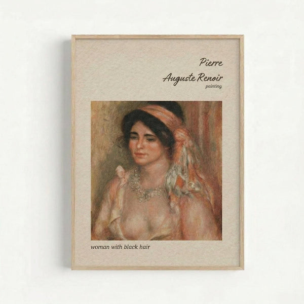 Framed vintage-style art print featuring Pierre Auguste Renoir's painting of a woman with dark hair wearing an orange headband and pearl necklace. The artwork shows soft, impressionistic brushstrokes in warm tones of peach, orange, and cream. Text above reads "Pierre Auguste Renoir painting" and below reads "woman with black hair." Natural wood frame with cream matting, displayed against a light background.
