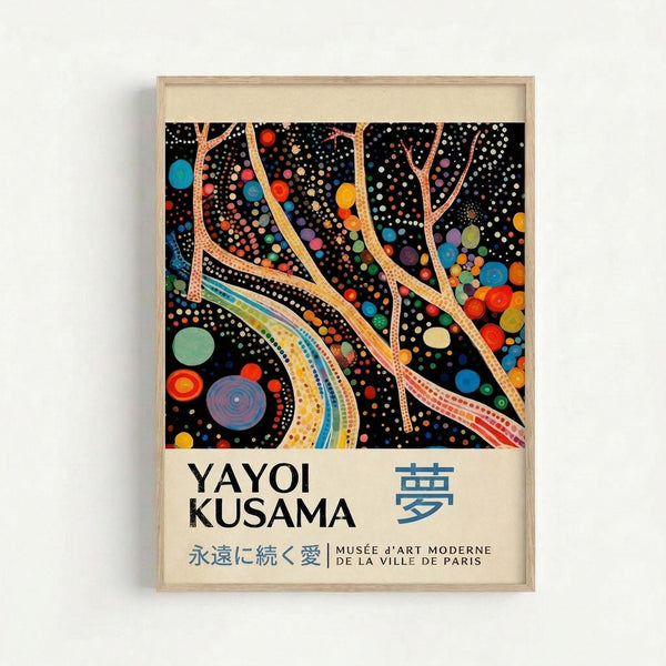 Framed poster featuring a vibrant abstract artwork on black background with colorful flowing ribbons, dots, and circular patterns in blues, reds, yellows, and greens. The piece has organic curved lines resembling tentacles or streams dotted with small white spots, surrounded by various sized colored circles. Below the artwork is white text reading "YAYOI KUSAMA" with Japanese characters, followed by smaller text including "MUSÉE D'ART MODERNE DE LA VILLE DE PARIS". The poster is disp