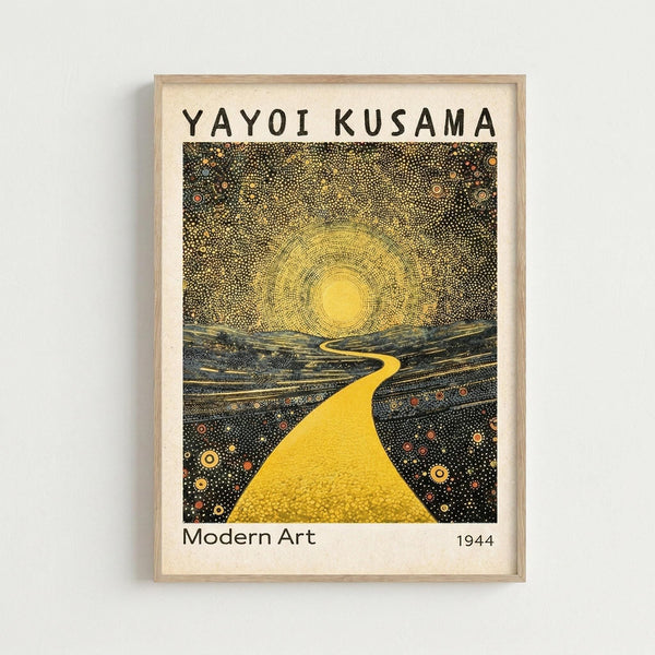 May include: Framed art print in light wood frame mounted on white wall. The artwork features a golden yellow winding path leading to a bright sun with radiating circles, surrounded by a dark starry sky with colorful dots. The piece uses pointillism technique with intricate dotted patterns throughout. Text reads "YAYOI KUSAMA" at top, "Modern Art" and "1944" at bottom on cream colored background.
