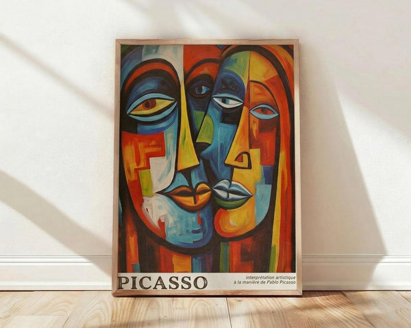May include: Framed abstract cubist-style artwork featuring geometric faces in vibrant colors including blues, oranges, yellows, and reds, with multiple eyes and fragmented facial features. The wooden-framed poster leans against a white wall on light wooden flooring, with natural sunlight creating soft shadows across the scene.