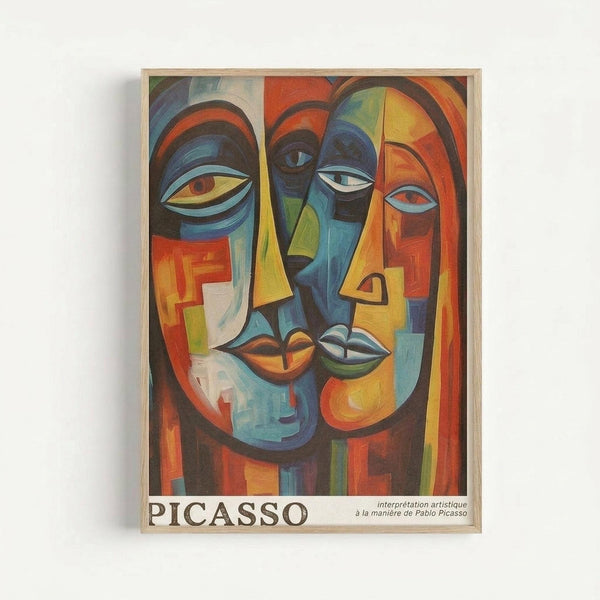 Abstract cubist-style artwork depicting fragmented human faces with geometric shapes in vibrant blues, oranges, yellows, and reds. Multiple eyes, lips, and facial features are deconstructed and reassembled in overlapping angular forms. The piece is displayed in a light wooden frame against a white wall, with "PICASSO" and French text printed at the bottom of the poster.