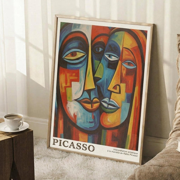 May include: Framed abstract cubist-style artwork featuring geometric faces in vibrant blues, oranges, yellows and reds, displayed in light wooden frame against white wall. Coffee cup on wooden surface and beige fabric visible nearby, creating cozy interior room setting with natural lighting casting shadows.