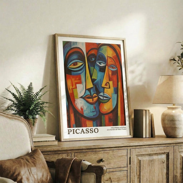 May include: Framed abstract cubist-style artwork featuring colorful geometric faces in blues, oranges, and yellows displayed on rustic wooden sideboard alongside fern plant, ceramic vases, and books in modern living room with beige armchair and neutral walls