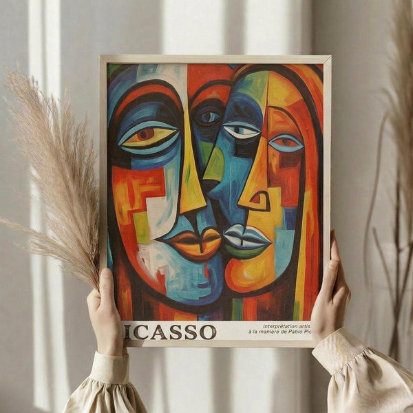 May include: Person in beige ruffled sleeves holding framed abstract cubist-style artwork featuring colorful geometric faces with multiple eyes and fragmented features in blues, reds, yellows, and oranges. Dried wheat stems visible beside the frame against soft white curtained background.