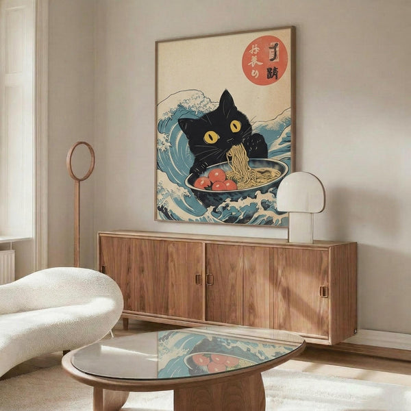 May include: Japanese-style art print displayed above wooden credenza in modern living room. Black cat with yellow eyes eating ramen from bowl, surrounded by blue ocean waves in traditional ukiyo-e style. Red sun and Japanese characters in upper corner. Print appears framed and hung on white wall. Glass coffee table reflects the artwork's wave pattern. White curved chair and brass floor lamp visible in scene.