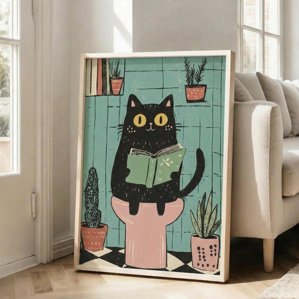 May include: Framed artwork showing a black cat with yellow eyes reading a green book while sitting on a pink toilet in a turquoise tiled bathroom. The illustration features potted plants including a cactus and snake plant, books on a shelf, and has a whimsical hand-drawn style. The frame appears light wood-colored and leans against a white wall next to a beige couch in a bright room with windows.