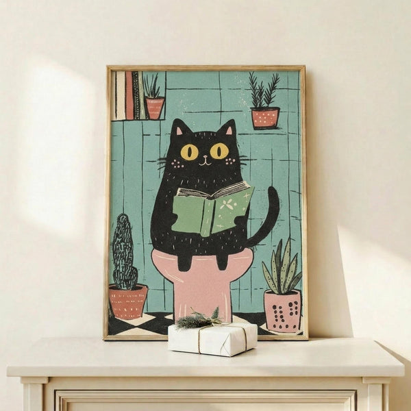 May include: Framed poster print showing a black cat with yellow eyes reading a green book while sitting on a pink toilet, surrounded by potted plants including cacti and succulents against a turquoise tiled wall background. The artwork has a whimsical illustration style with textured details. Frame appears in light wood finish, displayed on a light wooden shelf with a small wrapped gift box beside it.