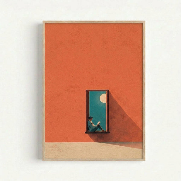 A minimalist illustration showing a person reading a book while sitting in a rectangular window or doorway opening. The scene features a vibrant orange-red wall with geometric shadows, contrasted by a teal-blue interior space where the figure sits. A pale circular moon or light source appears in the upper portion of the opening. The artwork is displayed in a light wooden frame against a white wall, with clean lines and a contemporary flat design style using warm and cool color blocking.