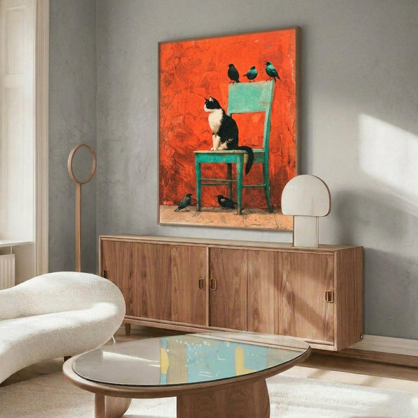 May include: Modern living room mockup showing vibrant orange artwork featuring black and white tuxedo cat sitting on turquoise chair with small birds perched around it. Art displayed above wooden sideboard with sliding doors, accompanied by cream upholstered chair and oval glass coffee table on light wooden floor.