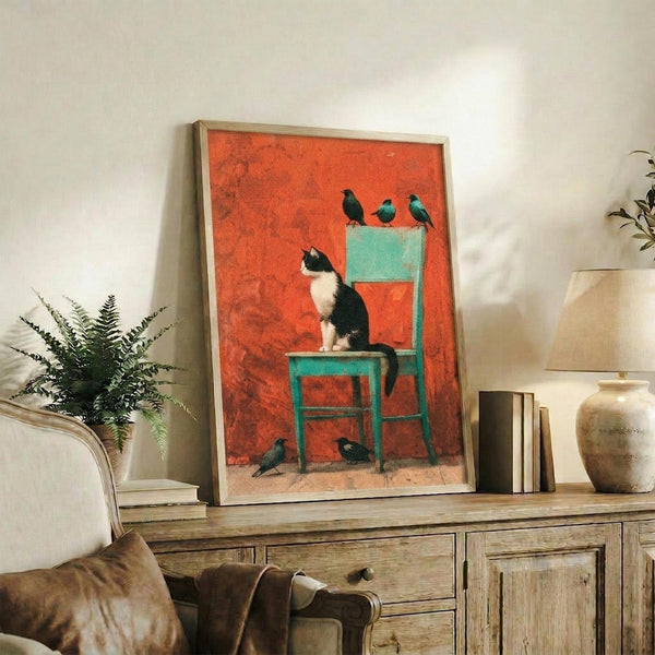 May include: Framed poster artwork displayed on rustic wooden sideboard showing black and white tuxedo cat sitting on turquoise chair with small birds perched above and below, set against vibrant orange-red textured background. Room styled with fern plant, ceramic vase, stacked books, and leather furniture.