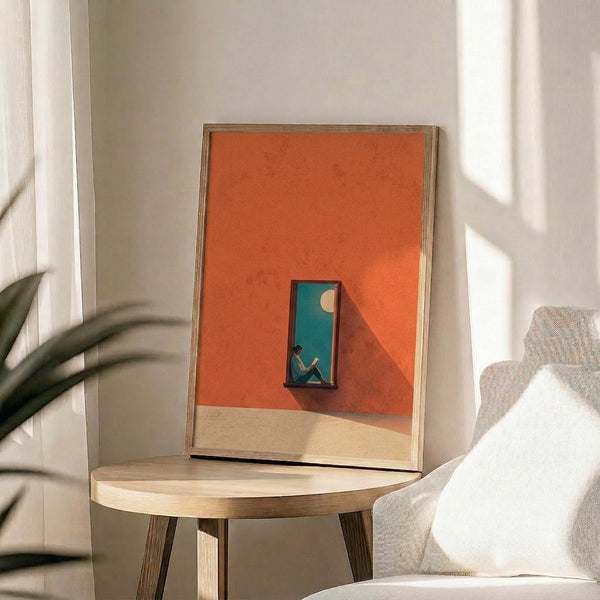 May include: Framed contemporary art print displayed on light wood round side table next to beige upholstered chair. Artwork shows minimalist illustration of person reading in teal doorway against coral orange and cream geometric background. Natural lighting creates soft shadows on white walls, with plant leaves visible at left edge.
