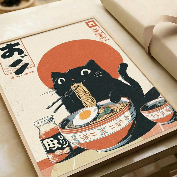 A vintage-style Japanese ukiyo-e print featuring a black cat with white chest markings eating ramen noodles from a decorative bowl with chopsticks. The cat sits against a large orange sun backdrop with Japanese text characters visible in the corners. The artwork uses a cream background with orange, black, and muted color palette in traditional woodblock print style. The print is displayed on white paper alongside rolled paper tubes on a light wooden surface.