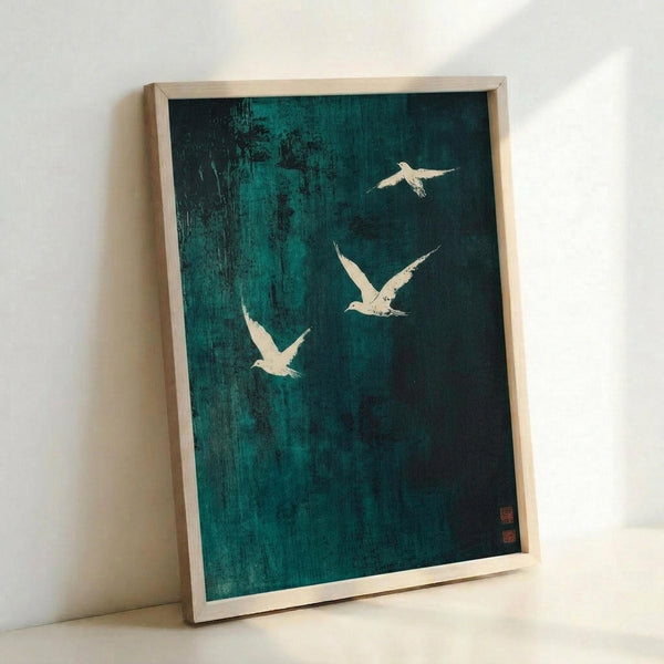 May include: Framed artwork with deep teal and dark green brushed background displaying three white birds in flight, rendered in minimalist ink painting style. The piece sits in a light wooden frame leaning against a white wall, showing the contrast between the rich emerald tones and delicate white bird silhouettes with outstretched wings.