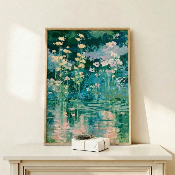 Impressionist watercolor art print depicting a tranquil garden pond with pale yellow and pink flowers reflected in calm teal water, evoking a contemplative mood.